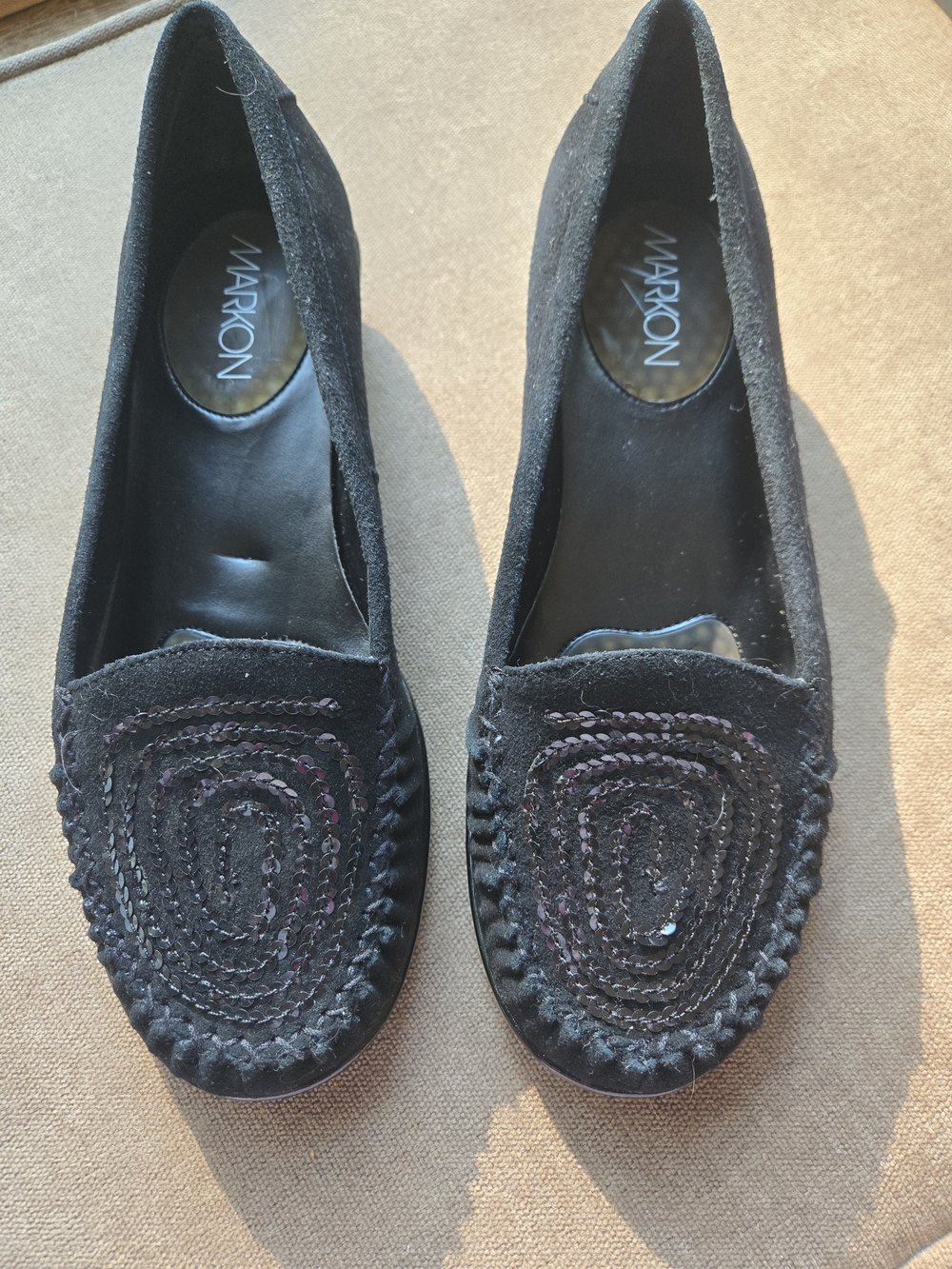 Markon Black Suede Sequined Moccasin Loafers, Size 7